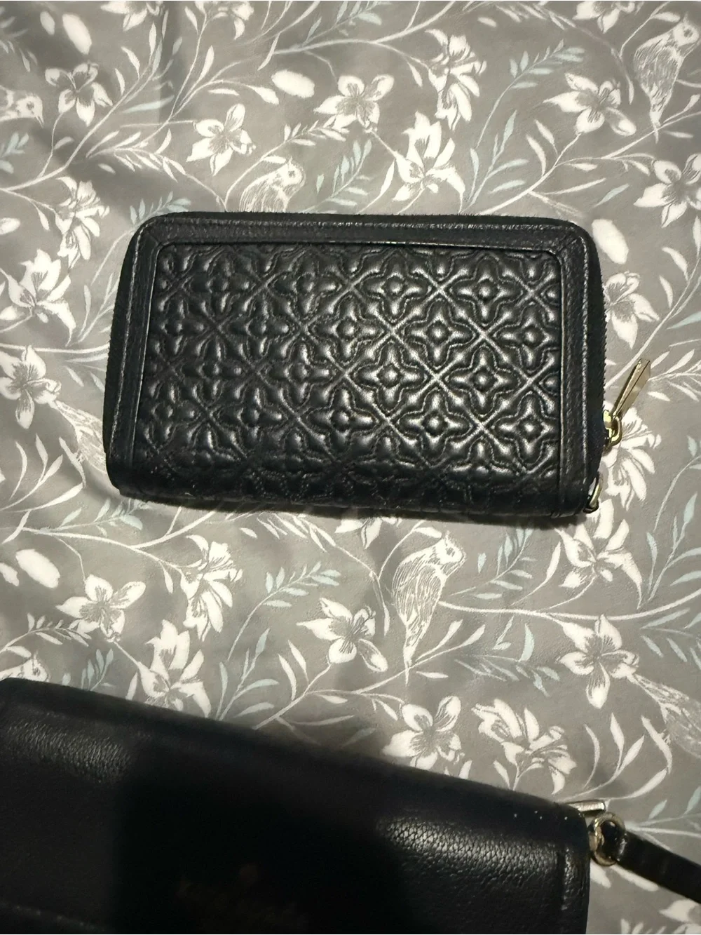 Tory Burch Black Quilted Leather Zip Card Holder with Gold Logo